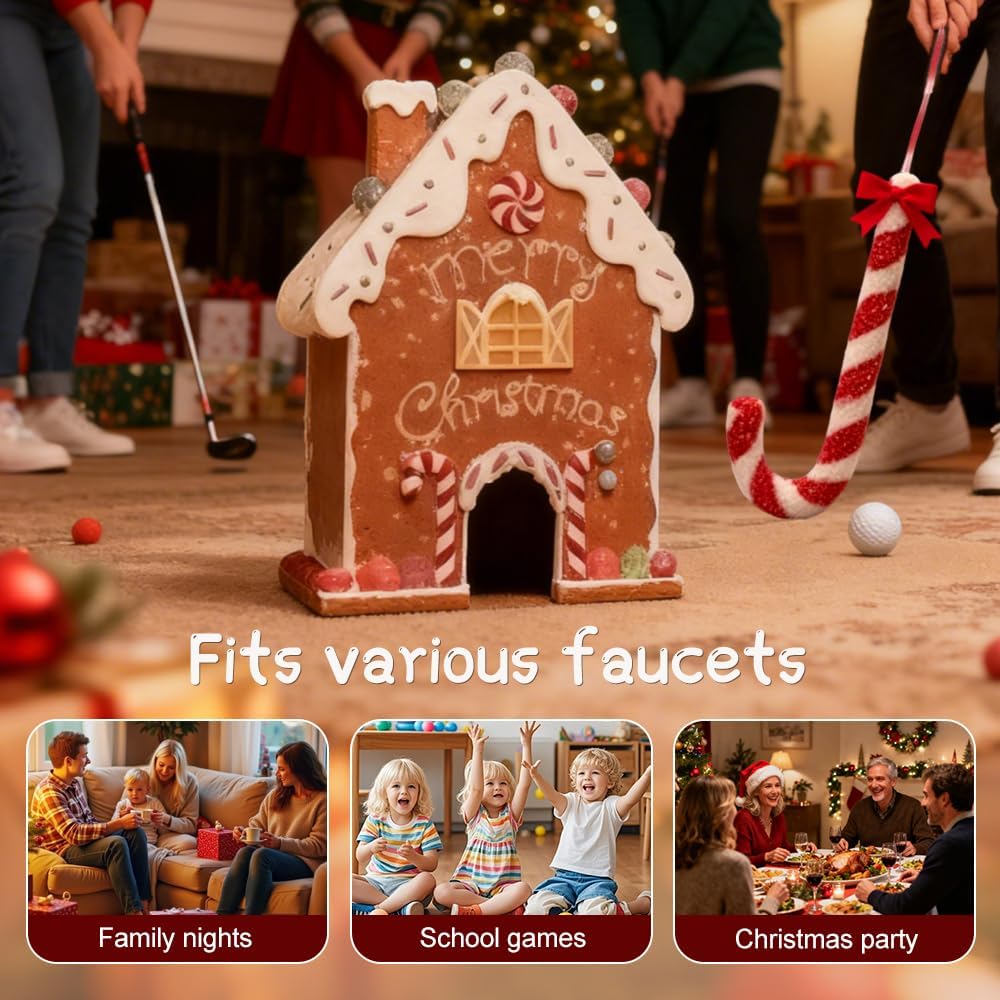 Gingerbread Golf Game Set, Christmas Mini-Golf Course,Portable Mini Golf Course Set,Christmas Indoor Golf Toy with Candy Cane Clubs and Gingerbread House Target (1PC Ball)