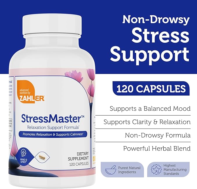 Zahler StressMaster – Natural Relaxation & Calm Mood Support Formula – Valerian, Passionflower, Rhodiola, GABA&L - Theanine Supplement for Women and Men – Kosher Gluten Free Non-GMO (120Capsules)