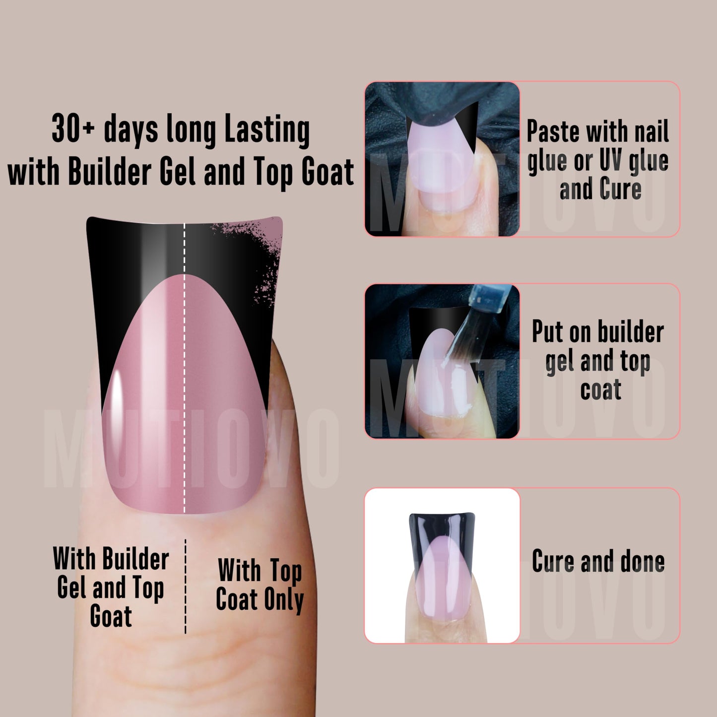 MUTIOVO Black French Tip Short Duck Nail Tips Press on, BERRY PINK Extra Thick Pre-designed Soft Gel Nail Extension, Need Builde