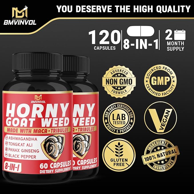 BMVINVOL (2 Packs) Horny Goat Weed Capsules with Maca, Tribulus, Ginseng. Ashwagandha,Tongkat Ali - 8-in-1 for Support Energy Levels