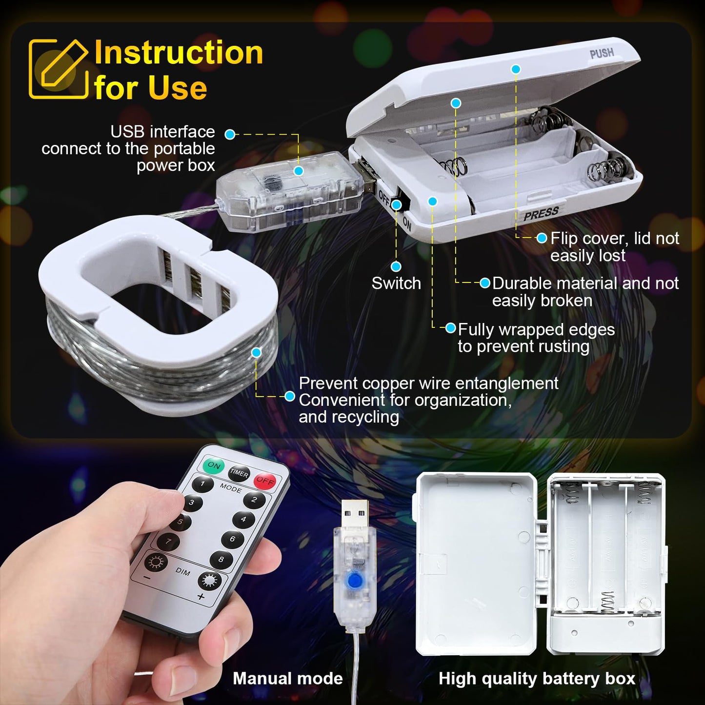 FWYWNL USB Fairy Light, Colorful 16ft 50 LED String Lights, Remote Control, Waterproof, 1 Pac