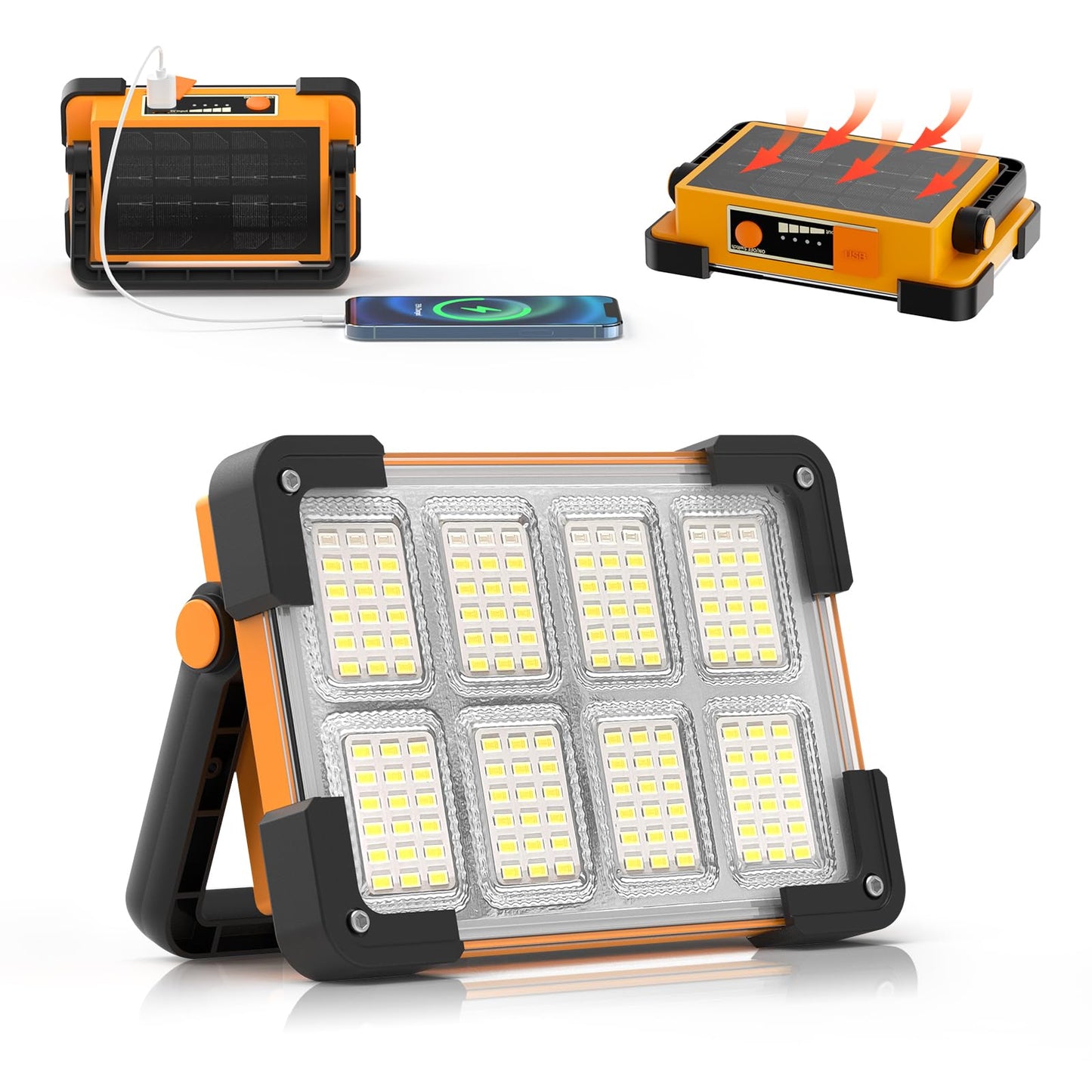 DANCINGBOAR 120W Solar Rechargeable Work Light, 144 LED, 10000LM, IP66 Waterproof, Portable Flood Light, Yellow, Model U8CUP