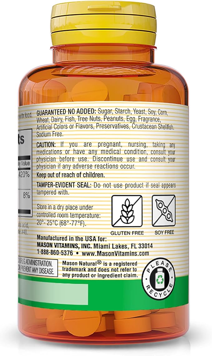 Mason Natural Vitamin B12 250 mcg with Calcium - Healthy Conversion of Food into Energy, Supports Nerve Function and Health, 100 Tablets