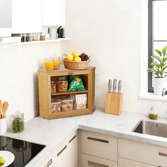 Bamboo Corner Bread Box for Kitchen Countertop, Log Bread Storage Box, Double-Layer Round Wooden Breadbox with Acrylic Transparent Window installed under cabinets, Store Various Foods and Items