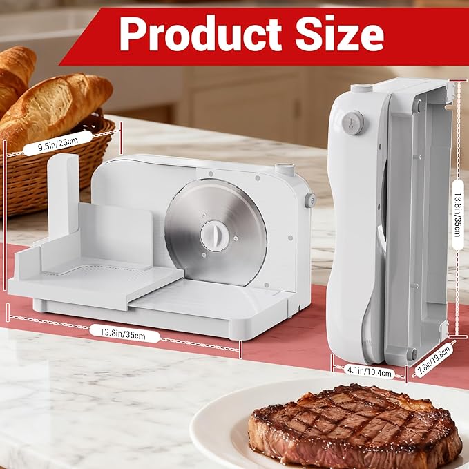 Foldable Meat Slicer, 150W Electric Meat Slicer with 6.7" Removable Stainless Steel Blade & Tray | 0-15mm Adjustable Thickness | Dual Safety Lock, Food Slicer for Frozen Meat Jerky