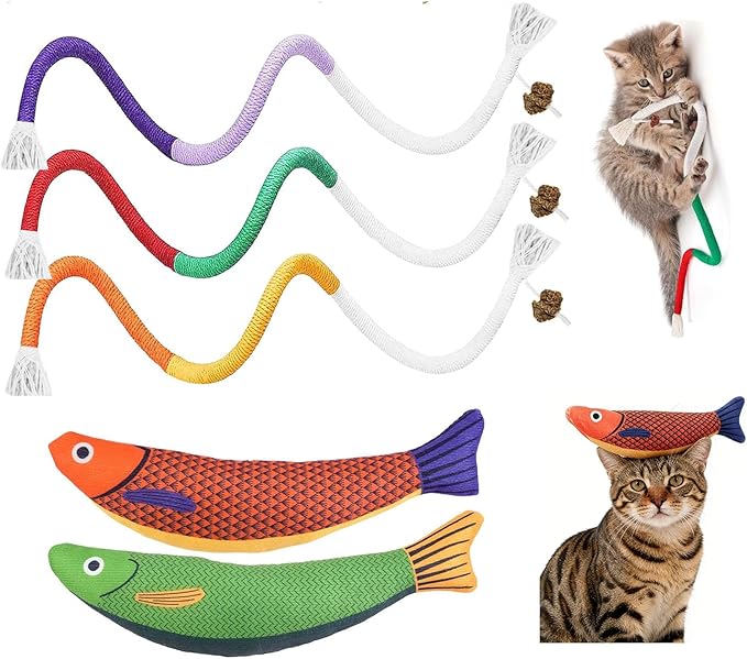 FKKWUOT Cat Chew Rope Toy,Catnip Saury Fish Toys,Cats Interactive Toys for Teeth Cleaning,5Pcs Cat Toys for Indoor Cats wi...