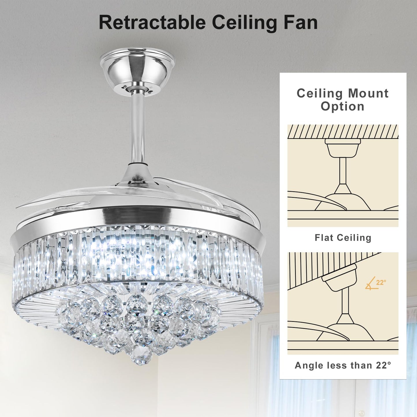 Bavnnro Fandelier Ceiling Fan with Light, 36in Silver Retractable Crystal Chandelier, Remote Control, Reversible