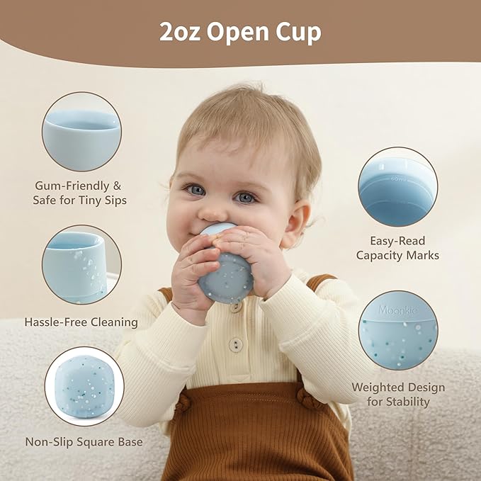 Moonkie Silicone Baby Cups 4 Months+ | Tiny Open Training Cups for Infants with Confetti Sprinkles | Baby-Led Weaning Essential | 2 oz (Blush/Soft Lilac, 2 Pack)