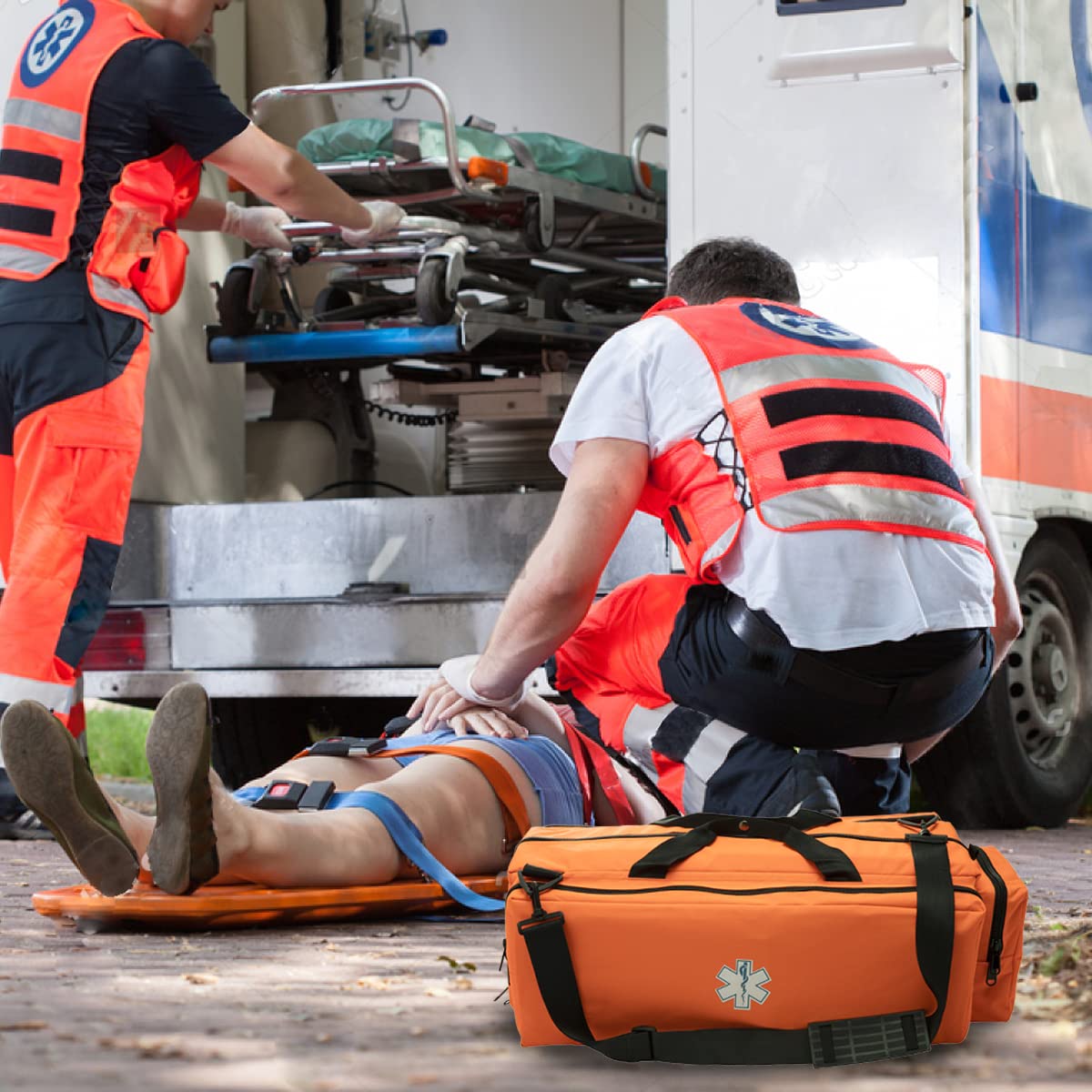NOVAMEDIC First Responder Empty Oxygen O2 Duffle Bag, 32”x12”x13”, w/Multiple Compartments, EMT Trauma First Aid Carrier for Paramedics and Emergency Medical Supplies, Orange