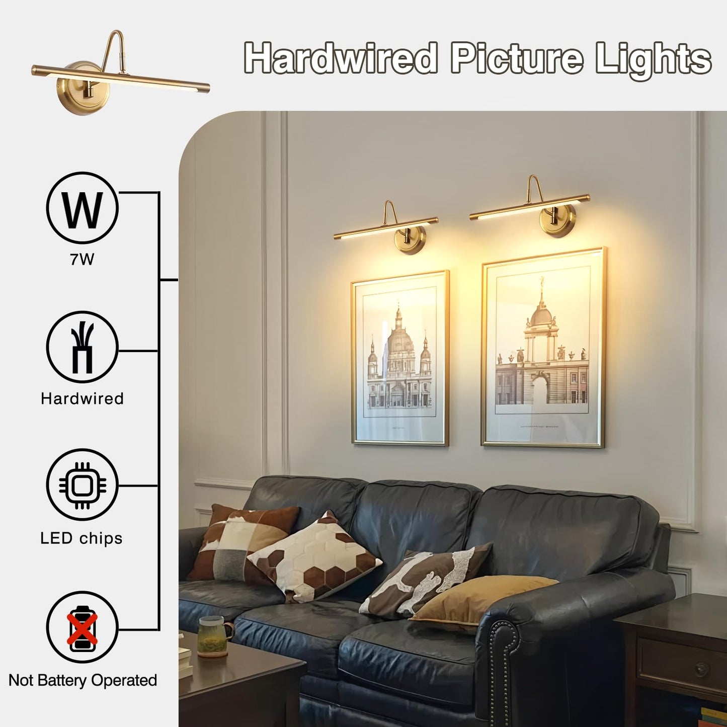 JOOSENLUX Picture Light LED Wall Lamp 16.5in Brass 9W 3000K Hardwired Swing Arm Model 7940