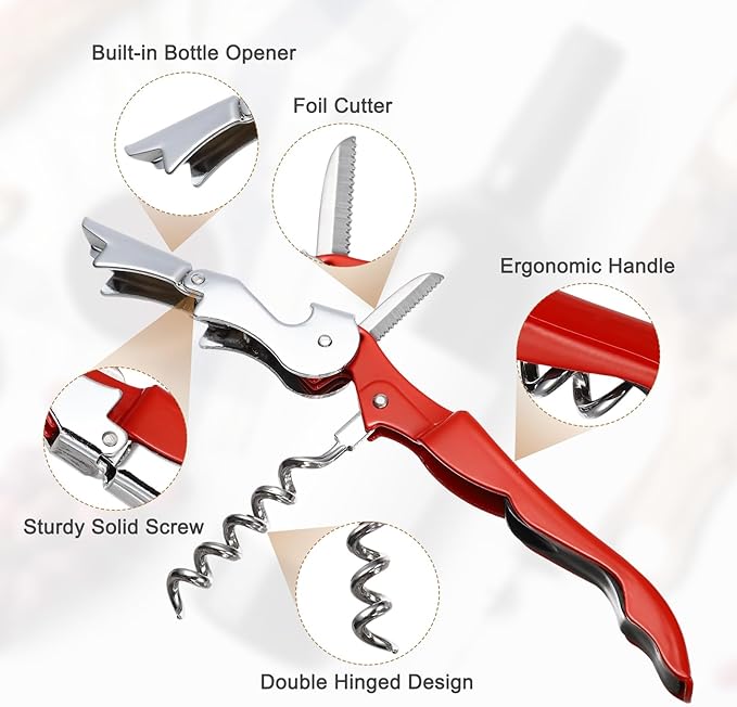 uxcell 4 Pcs 4.8" Stainless Steel Wine Opener, Waiter Corkscrew Professional Wine Key Bottle Opener with Double Hinged Foil Cutter for Bar Servers Waiter Bartender and Home, Red
