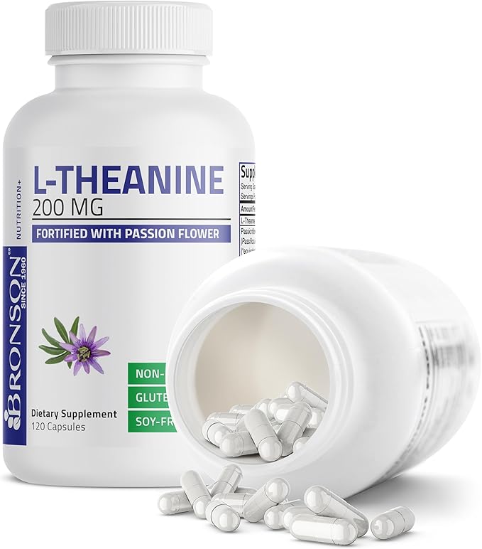 Bronson L-Theanine 200mg (Double-Strength) with Passion Flower Herb, Non-GMO Gluten-Free Soy-Free Stress Management Supplement, 120 Capsules