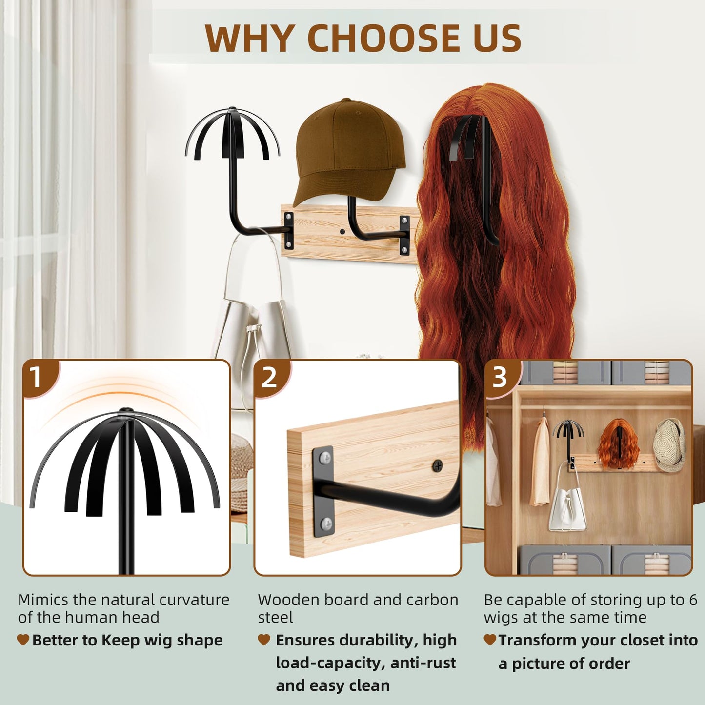 MEEMENG Wig holder for Multiple Wigs, 6 PCS Sturdy Wall - Mounted Hanging Rack for Wigs, Wig Hanger Solution for Drying, Styling