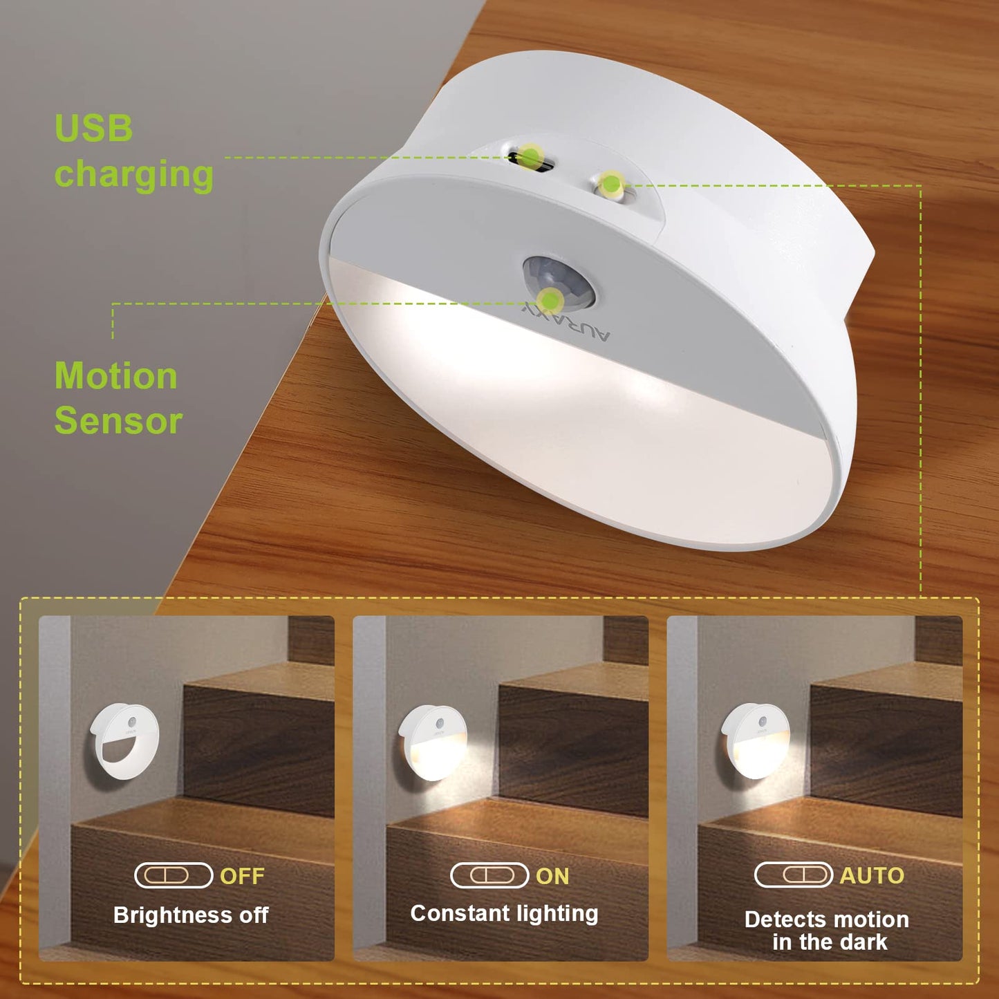 AURAXY Rechargeable Motion Sensor Night Light - LED Cool White, Magnetic, Dusk to Dawn Sensor, 6 Pack, Model INL7-W, White