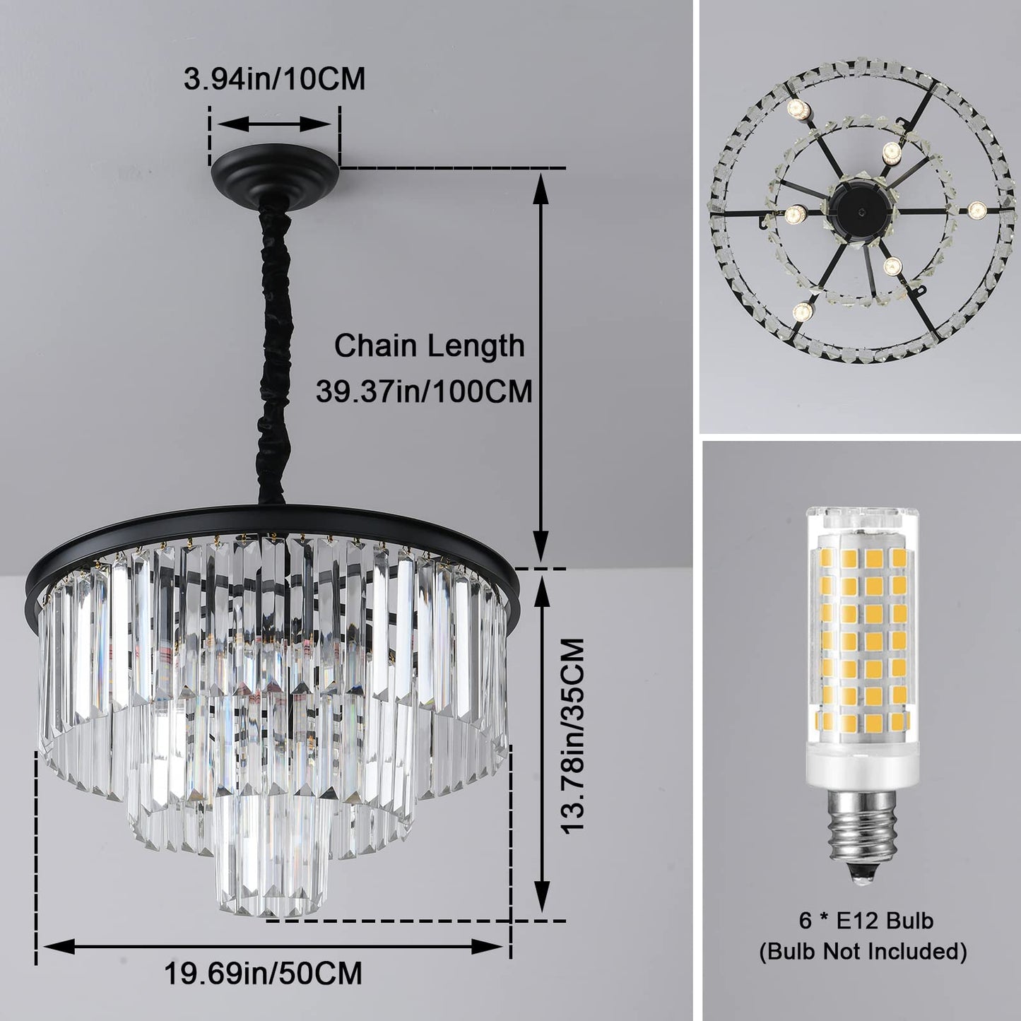 Laiuetai Black Modern Crystal Chandelier  3-Tier Round Flush Mount Ceiling Light Fixtures Height Adjustable Pendant Lighting For Dining Room Living Room Bedroom Kitchen Hotel Foyer