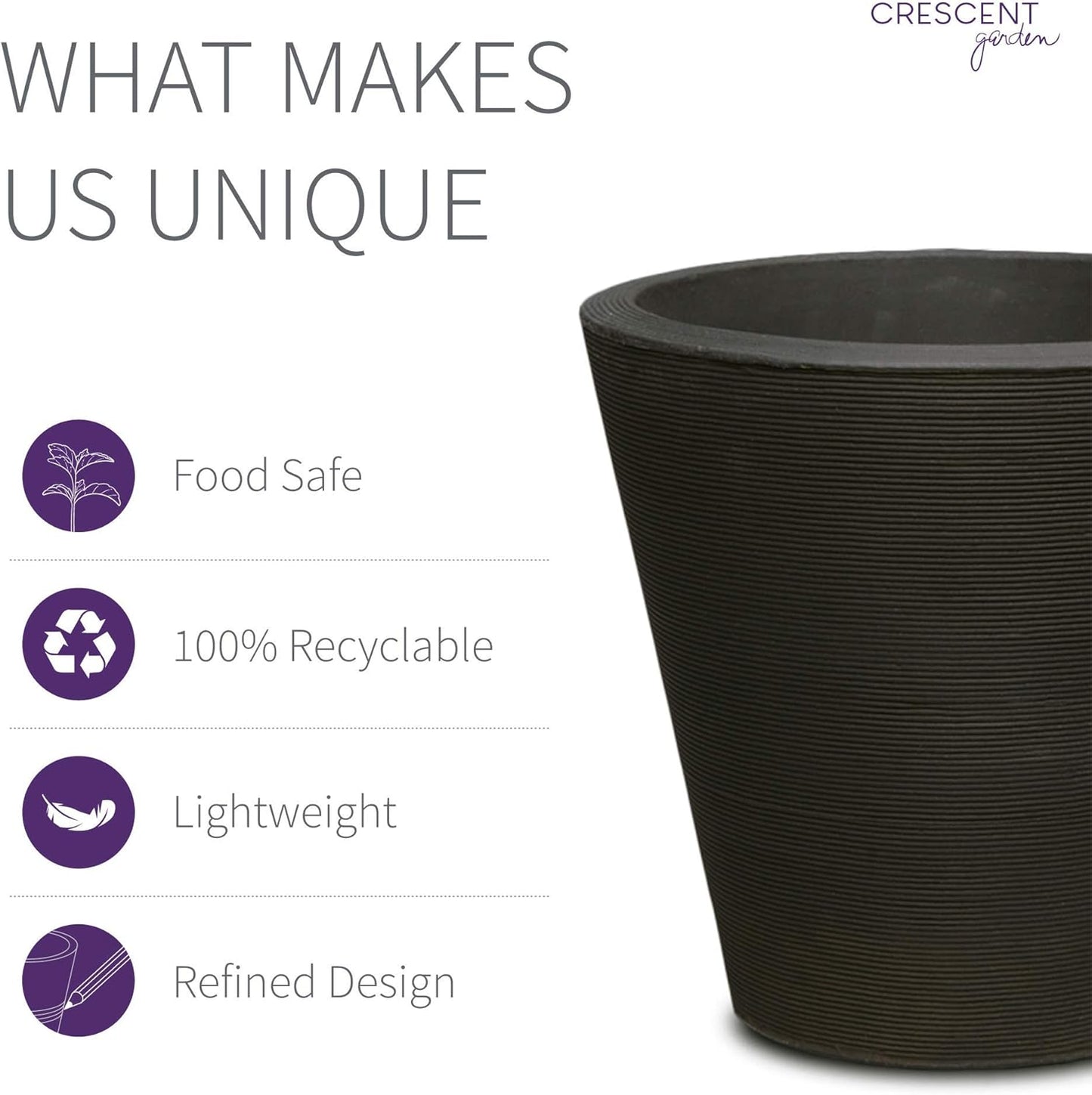 Crescent Garden Madison Planter– Weather-Resistant, Double Walled Indoor/Outdoor Plant Pot with Drain Hole – Durable All-Season Flower Container, 14" W (Caviar Black)