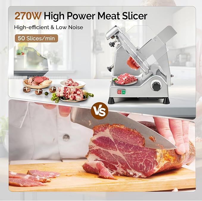 ROVSUN 270W Commercial Meat Slicer, 12 inch Electric Meat Slicer Machine with Adjustable Thickness(0-18mm), Frozen Meat Deli Cheese Food Slicer with Upgraded Carbon Steel Blade for Home and Commercial