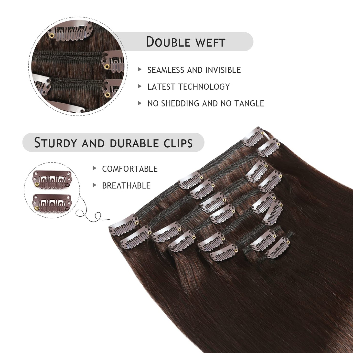YILITE Hair Extensions Clip in Remy Human Hair 100% Real Human Hair Darkest Brown 8Pcs/Pack 110g Natural Silky Double Weft Strai