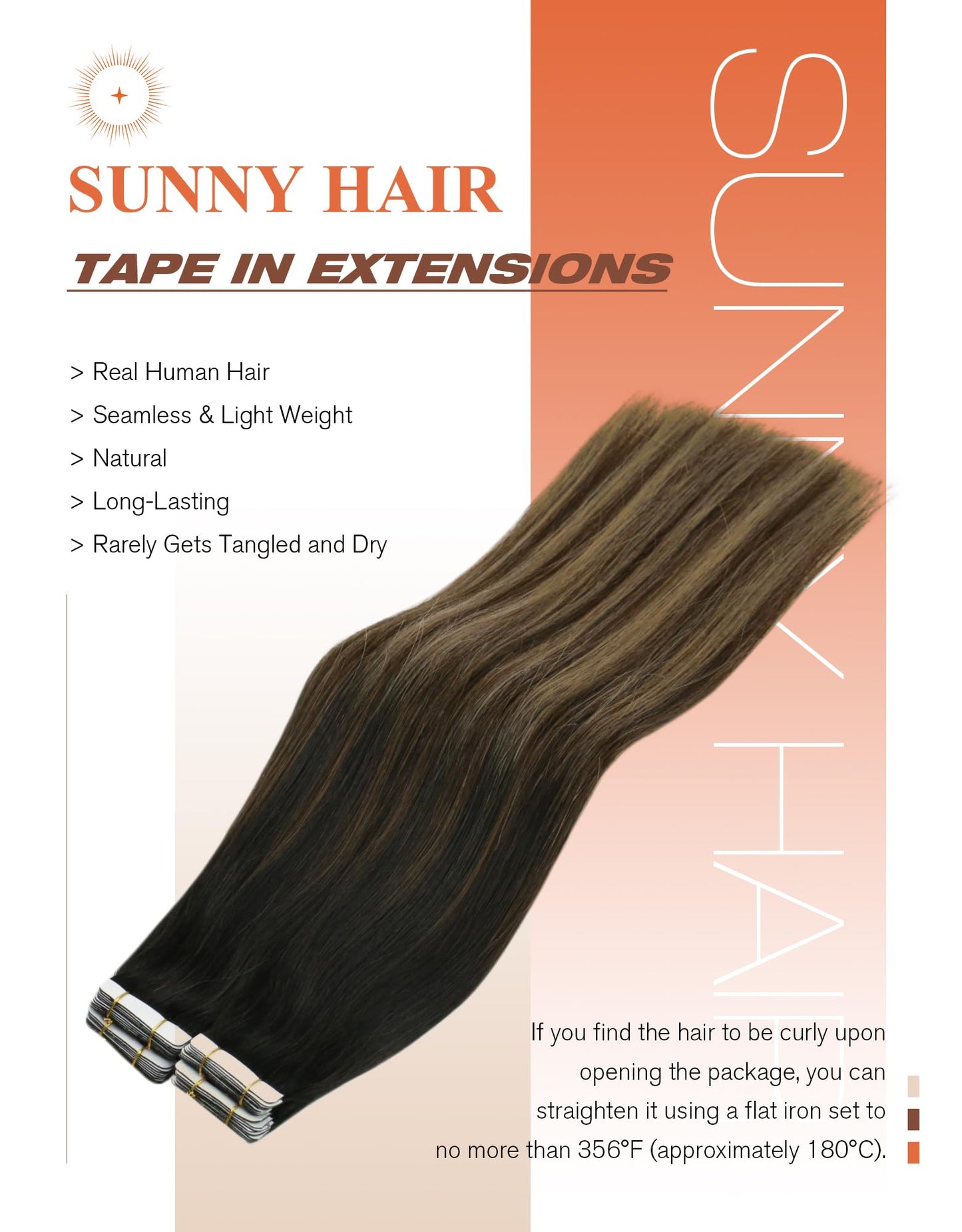 Sunny Hair Tape in Hair Extensions Real Human Hair Invisible Remy Hair Extensions Tape ins for Women Natural Black Ombre Dark Br