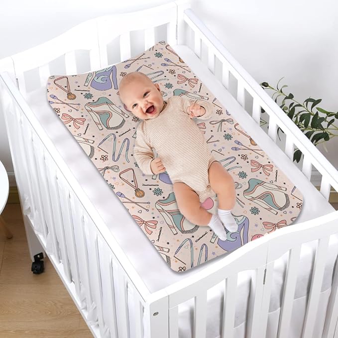 Cute Girl Gymnastics Baby Changing Pad Covers for Girls 32''x16'' Gymnast Ball Ribbon Floral Fitted Diaper Changing Table Sheets Comfort Soft Breathable Baby Change Table Mats Pink