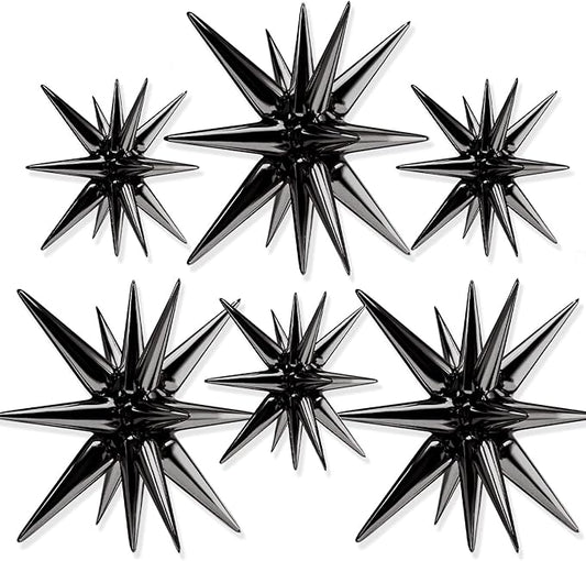 PartyWoo Black Star Foil Balloons 6pcs Different Sizes Pack of 27 22 Inch Large Black Explosion Spike Mylar Balloons for G...