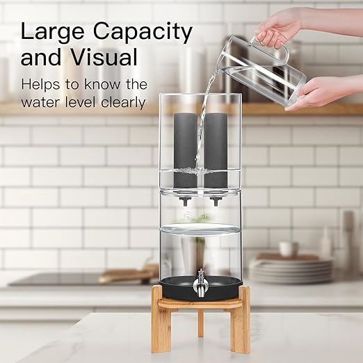 All Glass Water Purifier, Off Grid Home Emergency Water Filtration System - Gravity Fed Black Carbon Filter - 2.25 Gallon Water Filter- with 7 Inch Stand