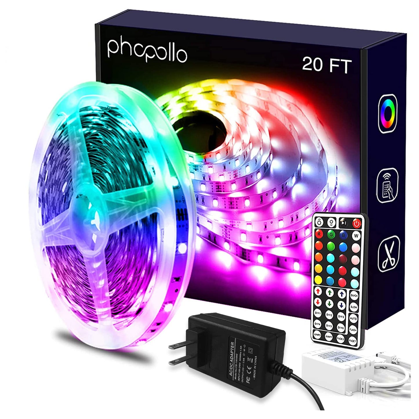 phopollo LED Lights 20ft RGB Color Changing with Remote - Multicolor, Model PH19RGB53WUS
