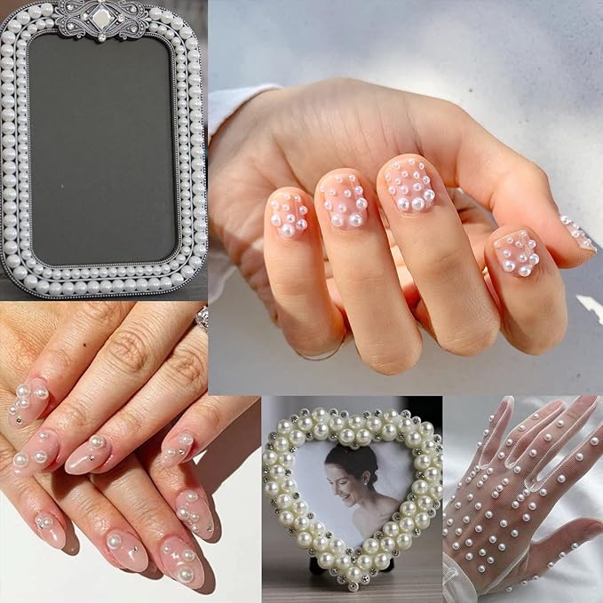 Nail Art Flat Back Half Round Pearl Kits 32, 1 Box of 6000 Pcs Flat-Back Light Purple AB Pearl with Tweezer and Picker Pencil for Home DIY Nails Body Face Craft and Salon Use