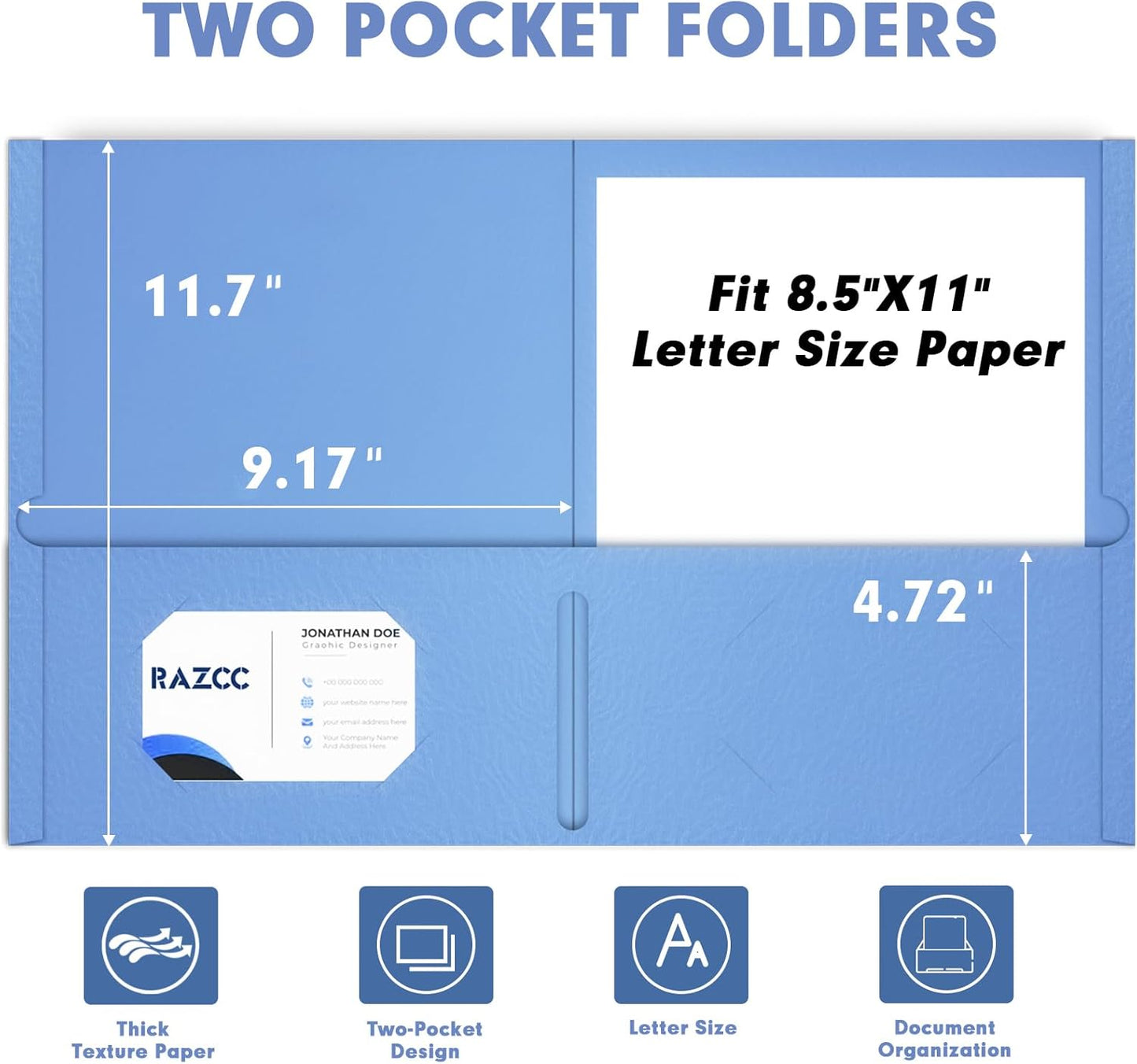 Two Pocket Folders, RAZCC 100 Pack File Folders with Pockets Fit Letter Size Paper, Thick Paper File Folder for School Office Business Home, Assorted 10 Colors