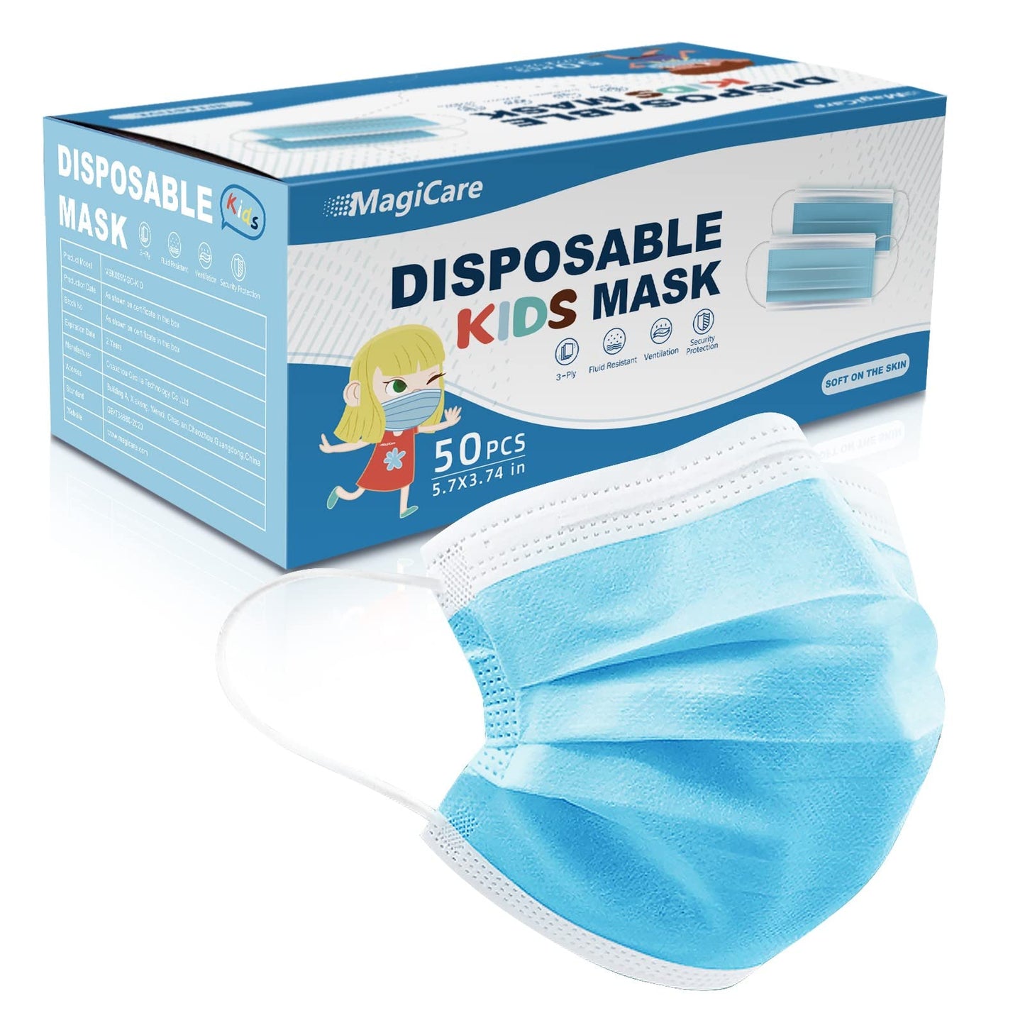 MAGICARE Kids Face Mask (50pcs) - Kids Masks Disposable - 3 Ply, Youth Ages 4-12 - Soft, Comfortable, Breathable Face Masks for Kids - 1 Box, Blue