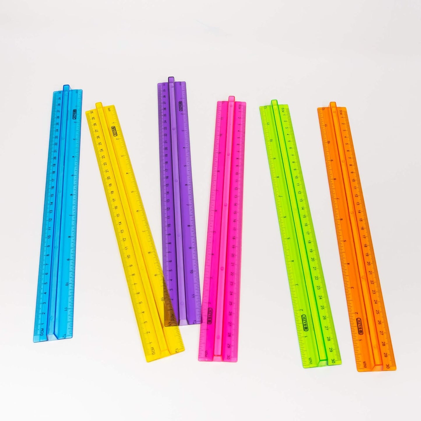 BAZIC Products Plastic Ruler 12" (30cm) w/Handle Grip, Inches Centimeter Metric Measuring Drafting Rulers, for Students School Supplies, Assorted Color, 24-Pack