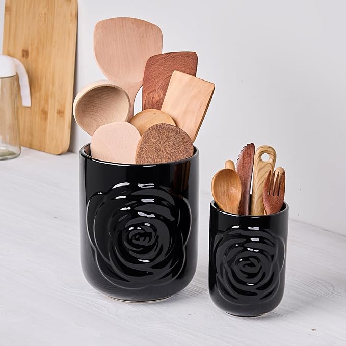 Large Utensil Holder Set of 2, 7.5"+ 5.5" - Ceramic Rose Kitchen Countertop Utensil Crock for Spatulas, Spoons & Cooking Tools, Farmhouse Kitchen Counter Decor, Black