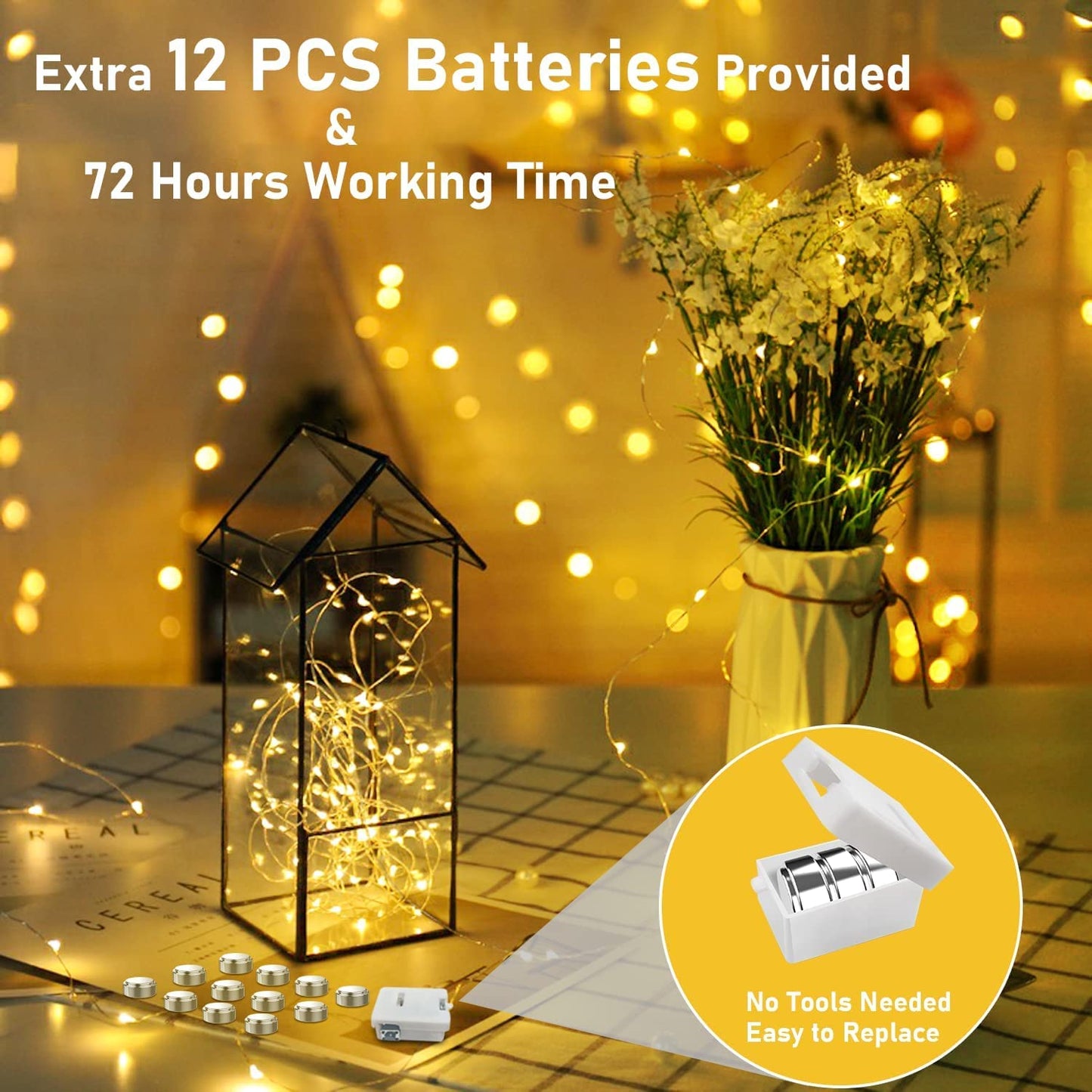 Merfino 12 Pack Fairy Lights, Warm White, Battery Operated, 20 LEDs, Waterproof, 7Ft, Model ZLDC01#