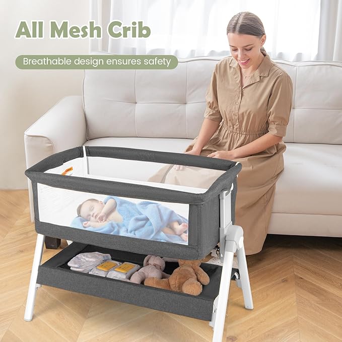 INFANS Baby Bassinet Bedside Crib, Newborn Sleeper w/Large Storage Basket, Adjustable Heights, Detachable &Washable Mattress, Breathable Mesh, Straps, Easy Moving Bed Side (Misty Grey)