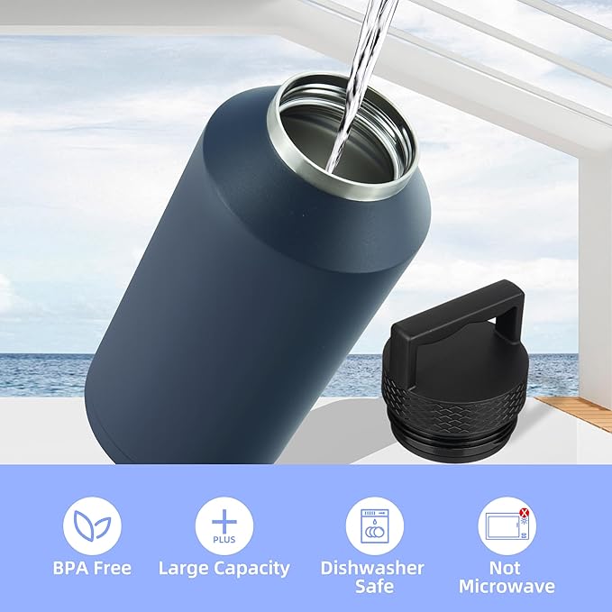 BJPKPK Half Gallon Water Bottle Insulated, Dishwasher Safe 64 oz Water Bottle with Handle, Leakproof BPA Free Thermal Flasks, Large Stainless Steel Jug for Sports, Black