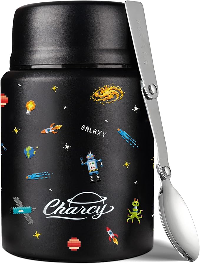 Charcy 17oz Thermo for Hot Food, Soup Thermo Food Container for Lunch Box with Folding Spoon ZB - Black Pixel Space