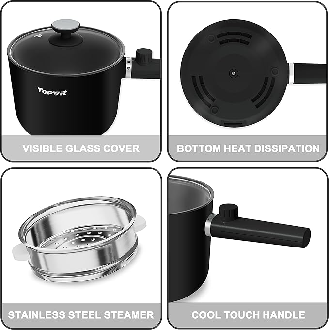Topwit Hot Pot Electric with Steamer, 1.5L Ramen Cooker, Non-Stick Sauté Pan, Portable Cooking Pot, Electric Cooker with Dual Power Control, BPA Free, Over-Heating & Boil Dry Protection, Black