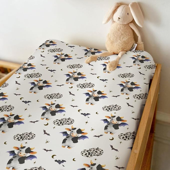 Halloween Cow Bats Pumpkins Baby Changing Pad Covers for Boy Girl Cute Cows Moon Stars Fitted Change Table Pad Covers Mats Spooky Farm Animal Soft Diaper Change Table Cover Sheets 32''×16''