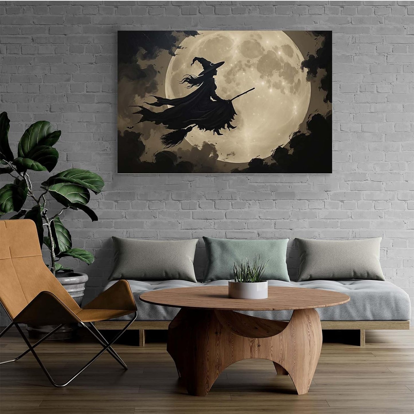 JFHCQJPK Full moon witch silhouette poster witch on magic broom Halloween mural poster decorative mural art suitable for home living room bedroom20x30in Frameless