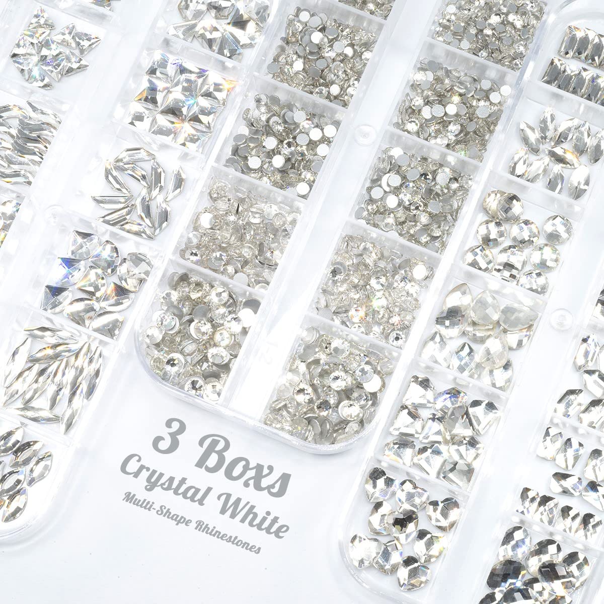 qiipii 3 Boxes Silver Clear Nail Rhinestones 240 Multi-Shapes Crystal White Big Gems Stones Flatback Round Beads Glass Crystals