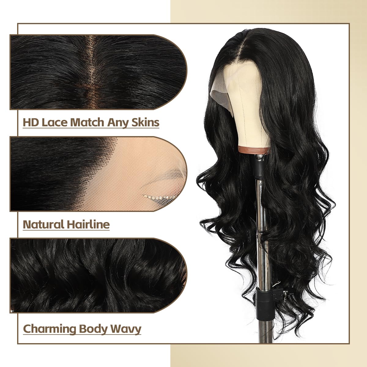 BABEHERS Synthetic Lace Front Wig 13x4 Pre Plucked 1B Black Wigs for Black Women Body Wave Long Wavy 150% Density Natural Heat R