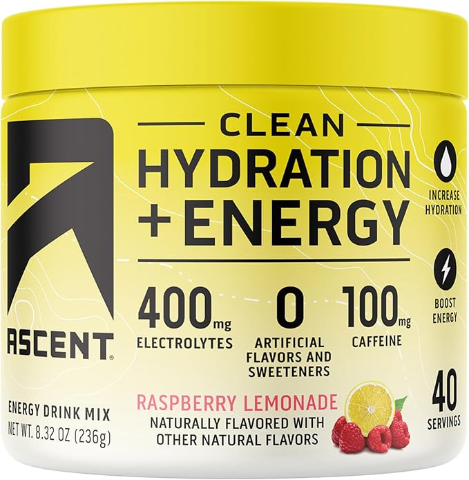 Ascent Clean Hydration + Energy Electrolytes Powder - 100mg Caffeine, 400mg Electrolytes, No Artificial Ingredients, Raspb...