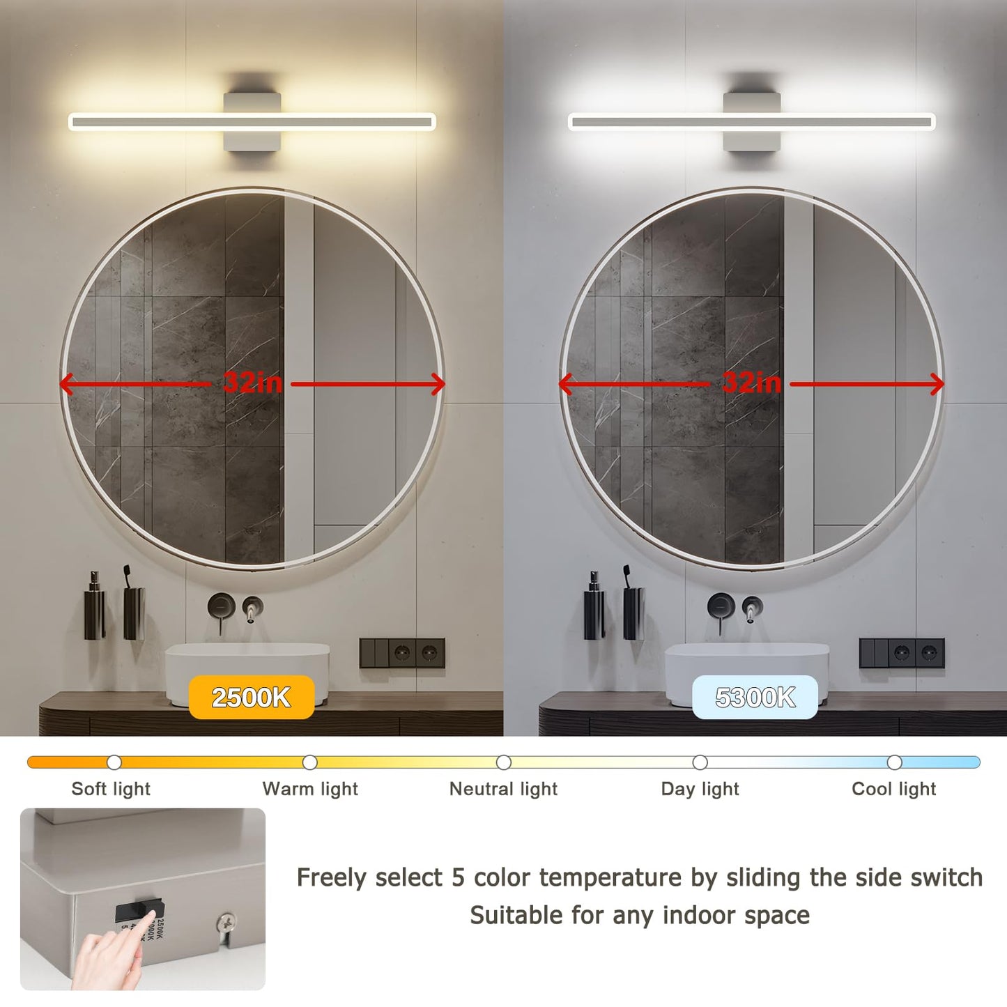 Jusheng Brushed Nickel Vanity Lights For Bathroom  5Cct Dimmable Vanity Light Bar  Modern Led Bathroom Lighting Fixtures Above Mirror 32 Inch 24W