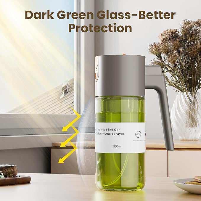 Upgrade 2 in 1 Oil Sprayer for Cooking, Olive Oil Dispenser Bottle for Kitchen Gadgets with Stickers, 17oz/500ml Food Grade Light-Blocking Glass Spray Bottle for Salad, Air Fryer, BBQ