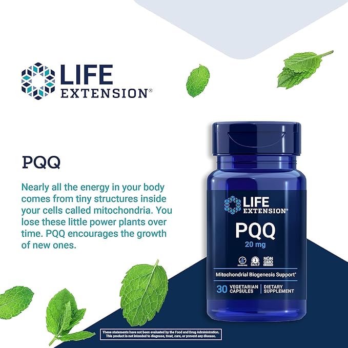 Life Extension PQQ (Pyrroloquinoline Quinone) 20mg Promotes The Growth of New Cellular Mitochondria - Gluten-Free, Once-Daily, Non-GMO, Vegetarian - 30 Vegetarian Capsules (Pack of 2)