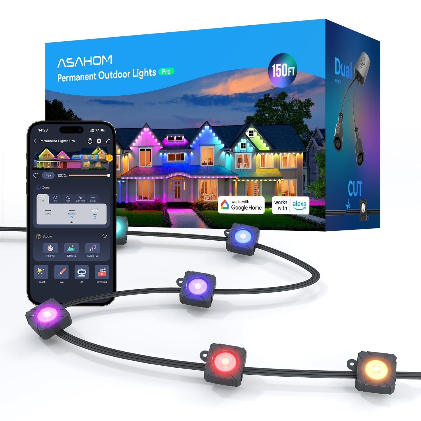 Asahom Permanent Outdoor Light Pro S108C  150Ft With 108 Rgbcw 70Lm Led  Wled Integration  Ai Lighting  30000 Lighting Effect Combination  Ip67 Waterproof For Christmas New Year Daily Decor  Black