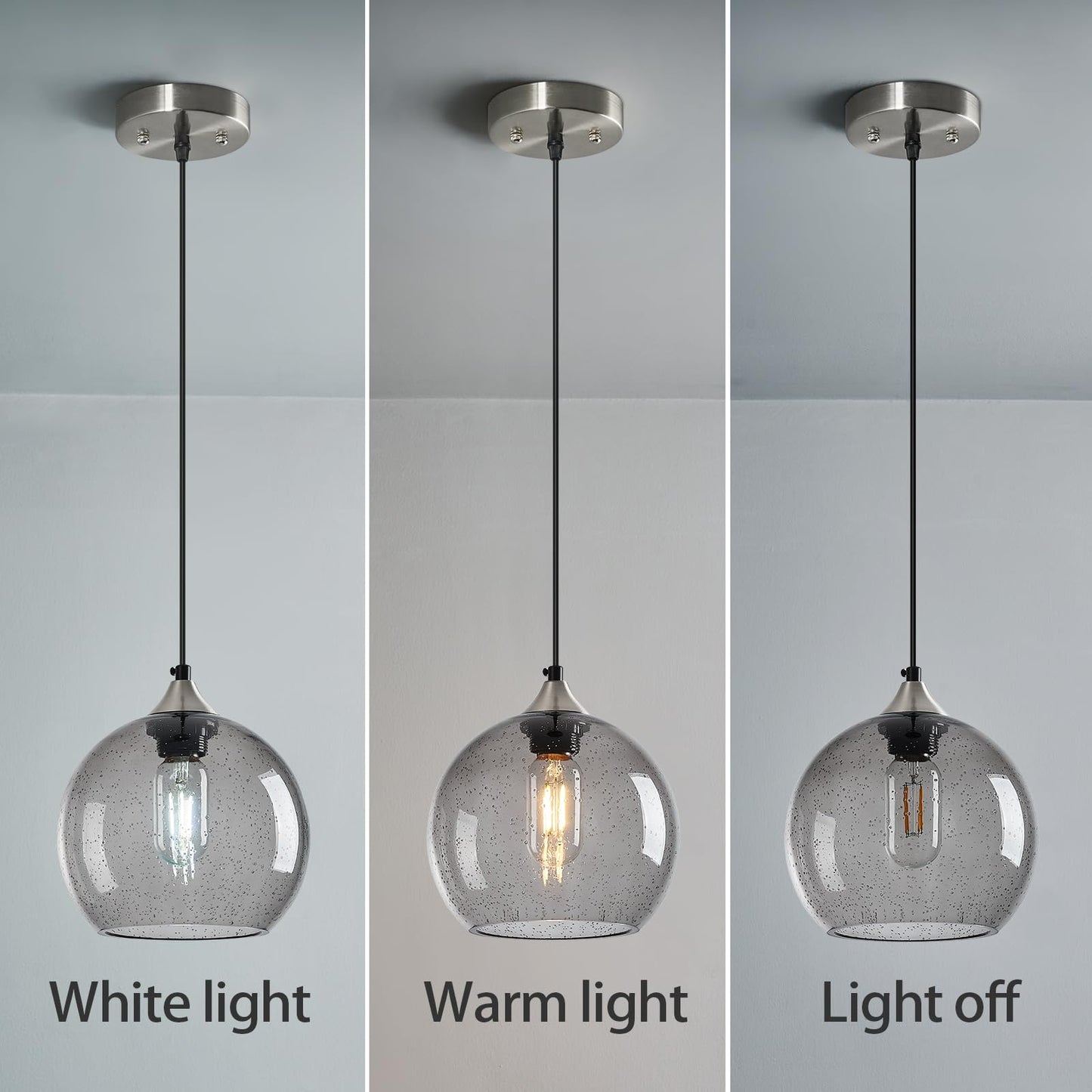 Lbsqj Light Grey Glass Pendant Lights Kitchen Island Lighting Globe Pendant Light Fixtures Modern Pendant Lighting For Bedroom Living Dining Room Light Fixture (7.87 In  2 Pack)