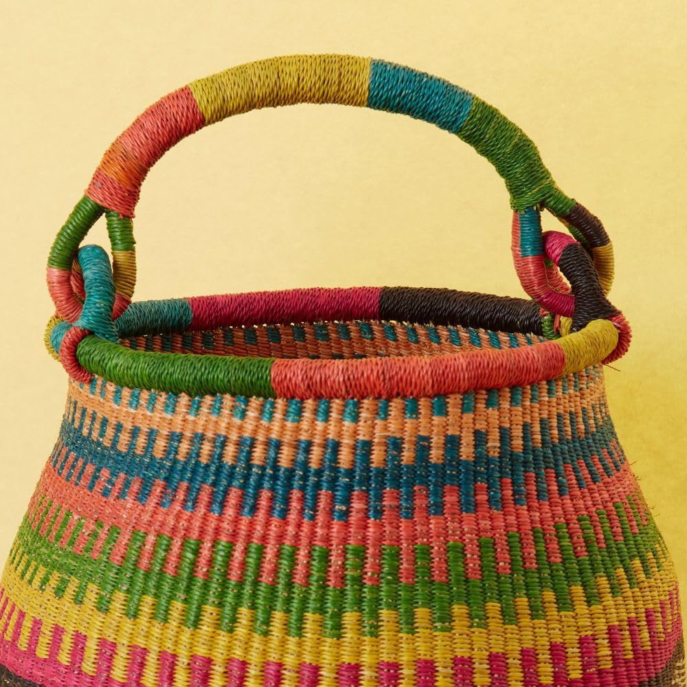 Home & Kitchen Decor, Wicker Basket, Picnic Basket, Living Room Basket, Organizing, Harvesting, Foraging, Fruit Storage, Hand Woven, Pot Shape, 16" Wide, Boho - Black Colorful
