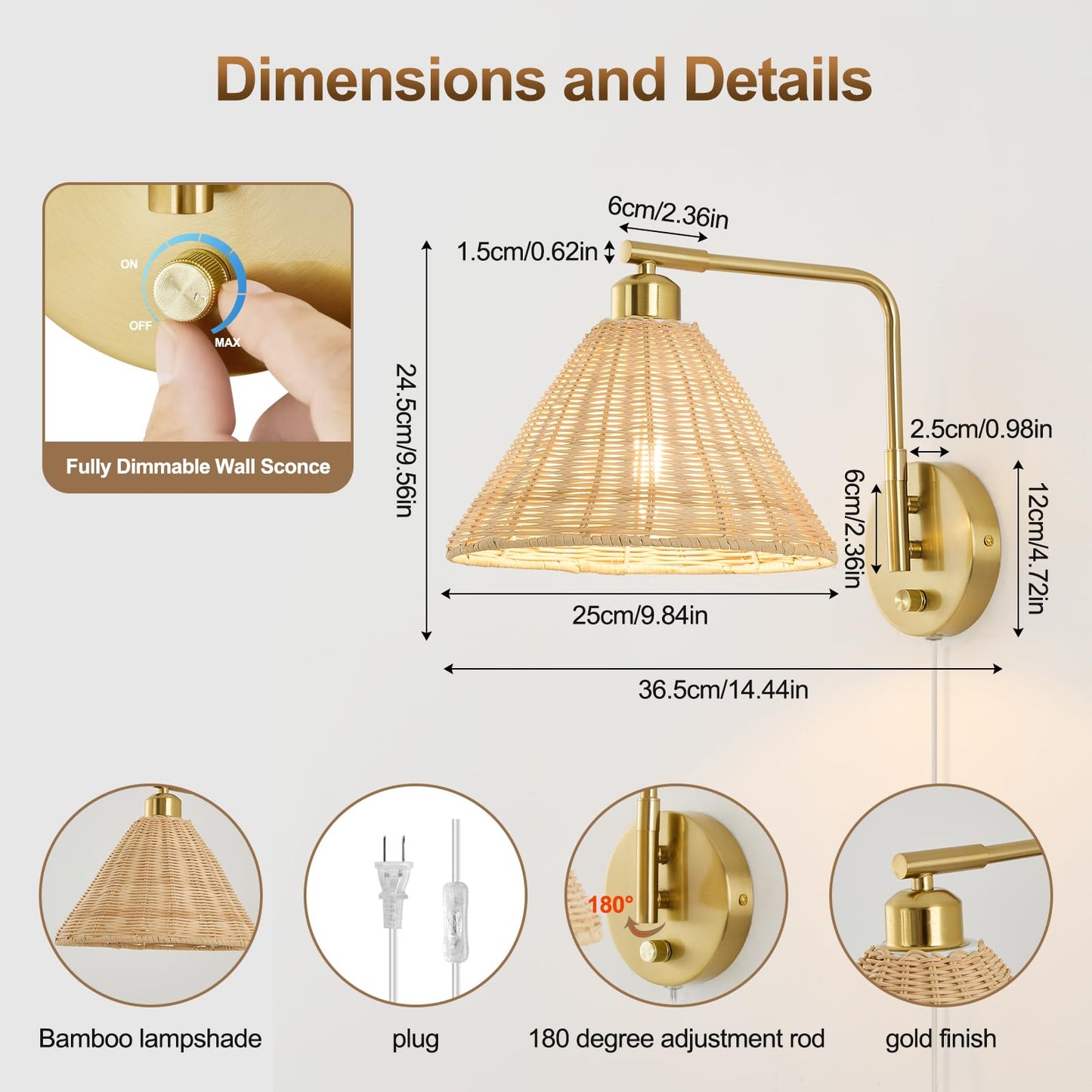 Weaboopre Rattan Plug In Wall Sconce Set Of 2  Gold Wall Lamps With Plug In Cord And Dimmer  Hand Woven Boho Sconces Swing Arm Wall Mount Light Fixture Beside Lighting For Bedroom  Living Room