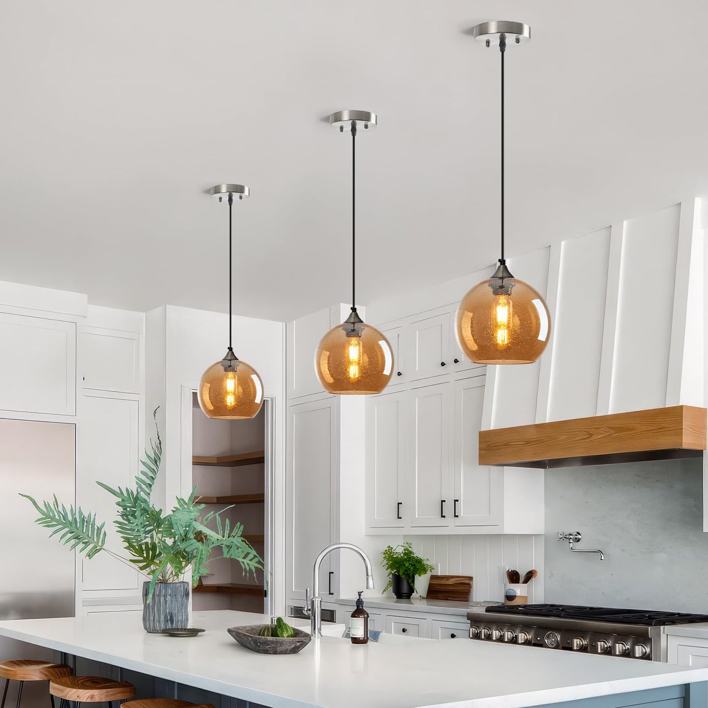 Lbsqj Amber Glass Pendant Lights Kitchen Island Lighting Globe Pendant Light Fixtures Modern Pendant Lighting For Bedroom Living Dining Room Light Fixture (7.87 In  2 Pack)